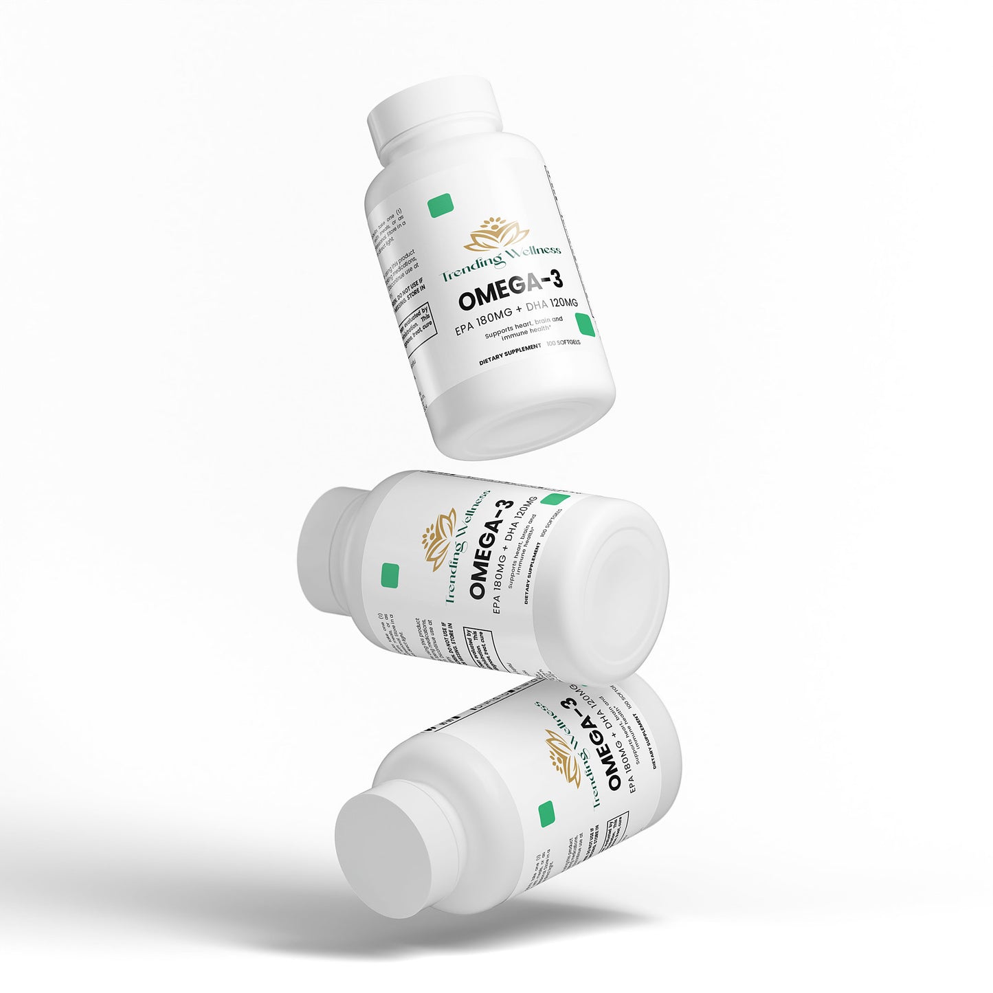 Three bottles of Omega-3 supplement on a white background with 'Supplement' branding.