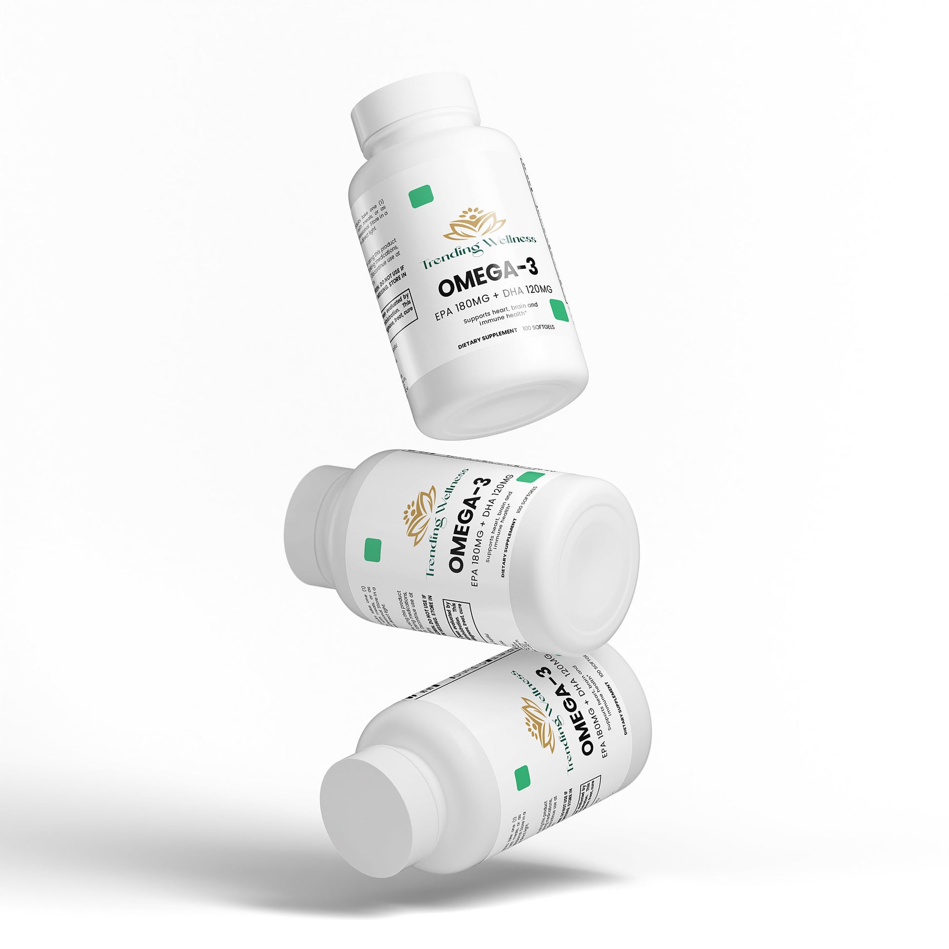 Three bottles of Omega-3 supplement on a white background with 'Supplement' branding.