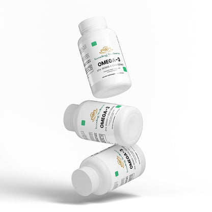Three bottles of Omega-3 supplement on a white background with 'Supplement' branding.