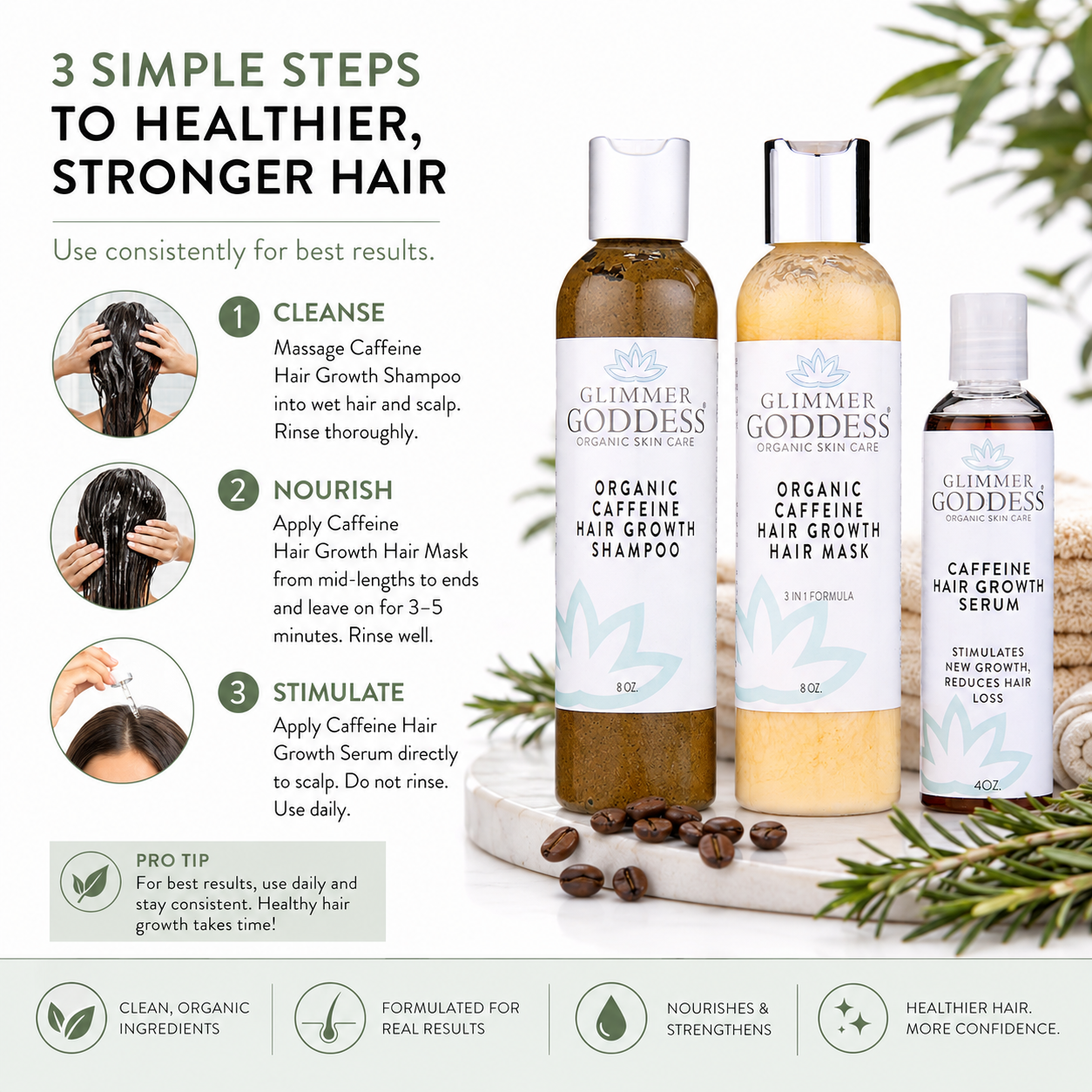Organic Caffeine Hair Growth System – 3-Step Treatment Set - Trending Wellness Store