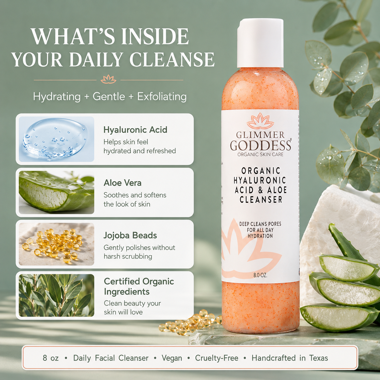 Organic Hydrating Facial Cleanser with Exfoliating Jojoba Beads – 8 oz - Trending Wellness Store