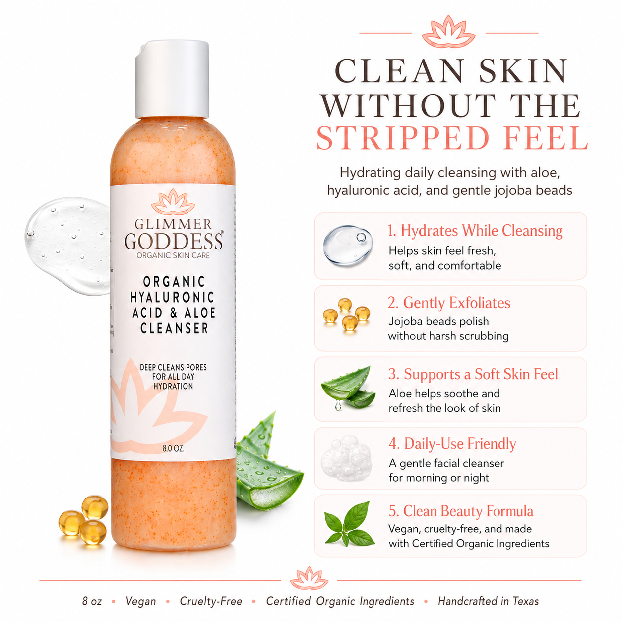 Organic Hydrating Facial Cleanser with Exfoliating Jojoba Beads – 8 oz - Trending Wellness Store