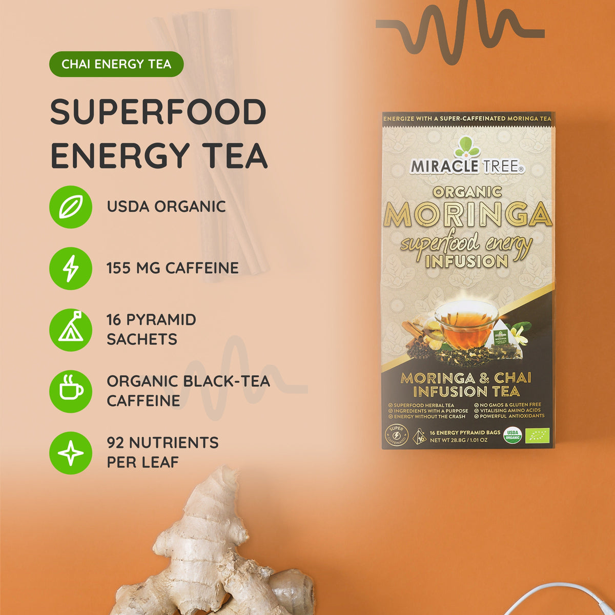 Organic Moringa Energy Tea - Chai Spice - Natural Coffee Alternative - Trending Wellness Store