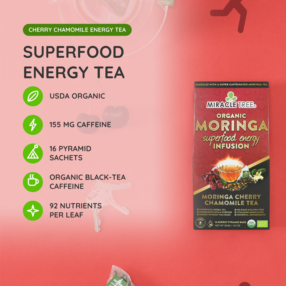 Organic Moringa Energy Tea - Cherry Chamomile - Natural Coffee Alternative - Trending Wellness Store