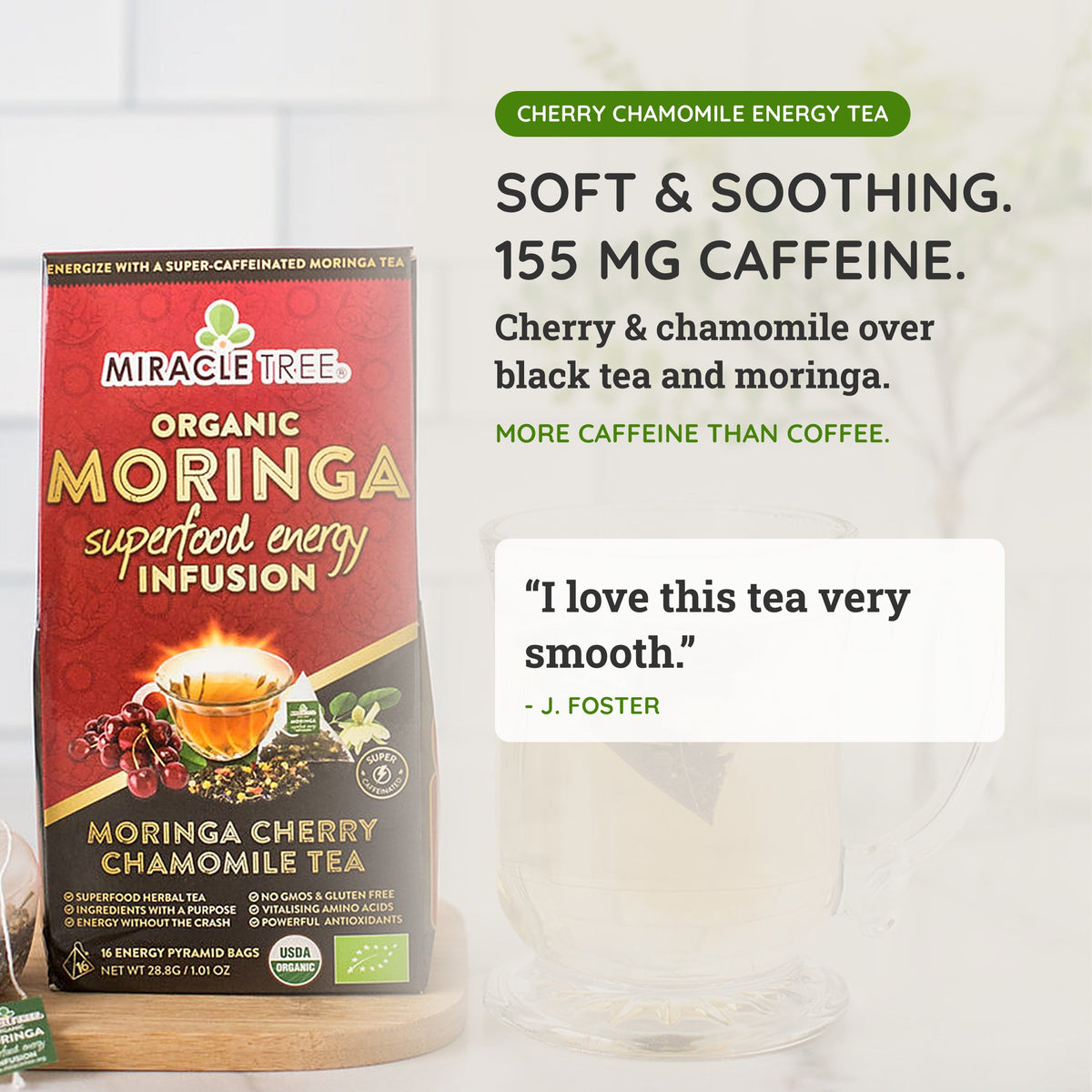 Organic Moringa Energy Tea - Cherry Chamomile - Natural Coffee Alternative - Trending Wellness Store