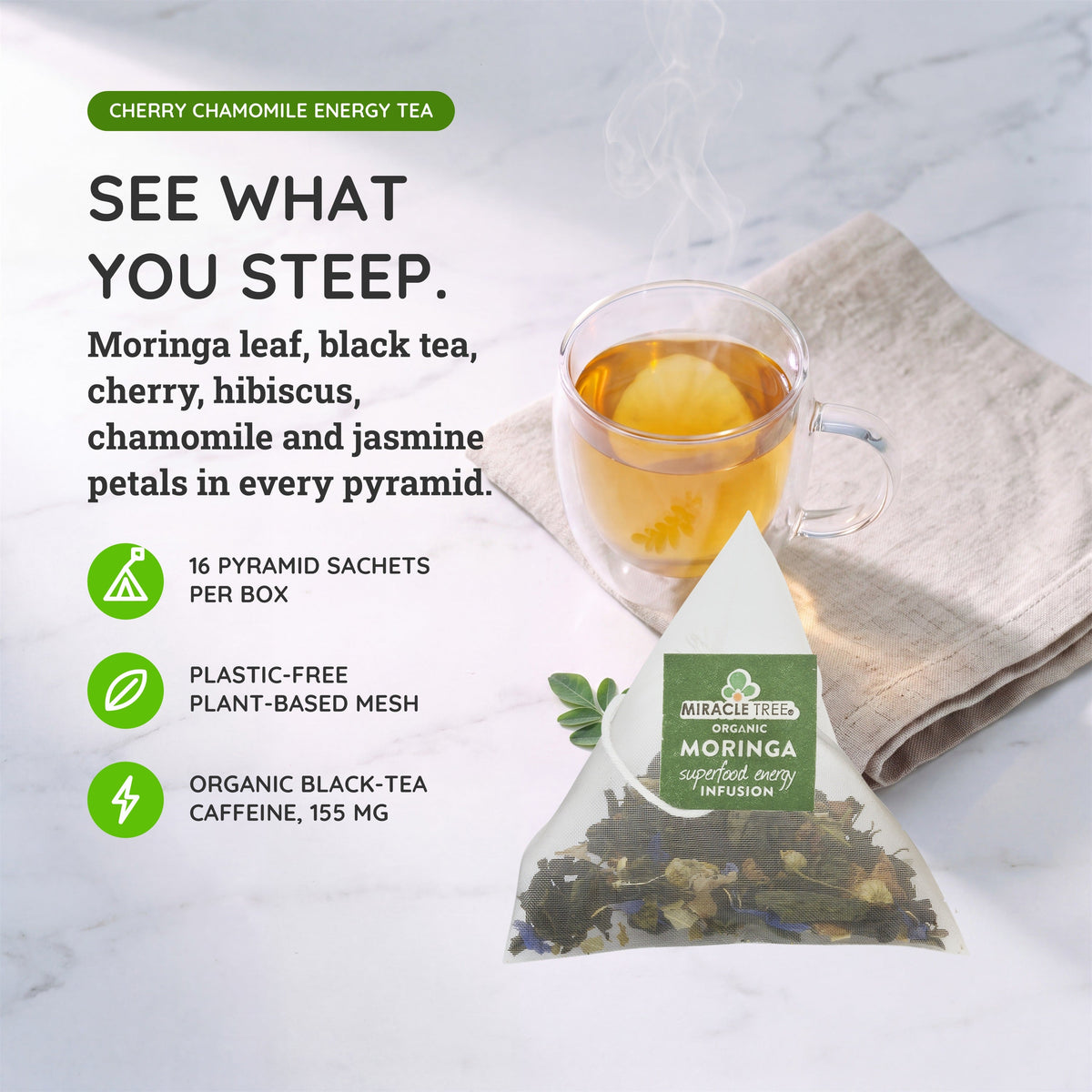 Organic Moringa Energy Tea - Cherry Chamomile - Natural Coffee Alternative - Trending Wellness Store