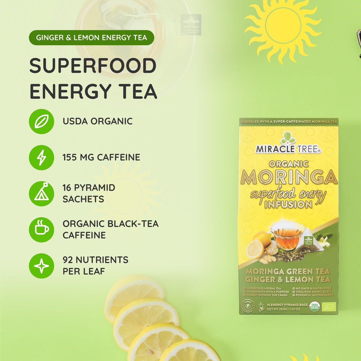 Organic Moringa Energy Tea - Ginger Lemon - Natural Coffee Alternative - Trending Wellness Store