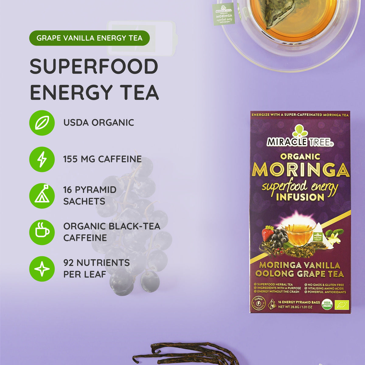 Organic Moringa Energy Tea - Grape Vanilla - Natural Coffee Alternative - Trending Wellness Store