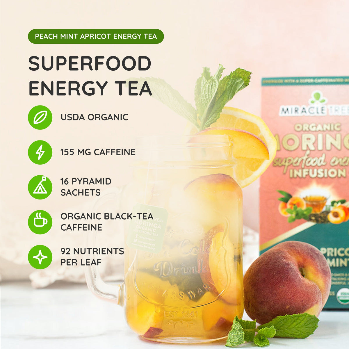 Organic Moringa Energy Tea - Peach Mint Apricot - Natural Coffee Alternative - Trending Wellness Store