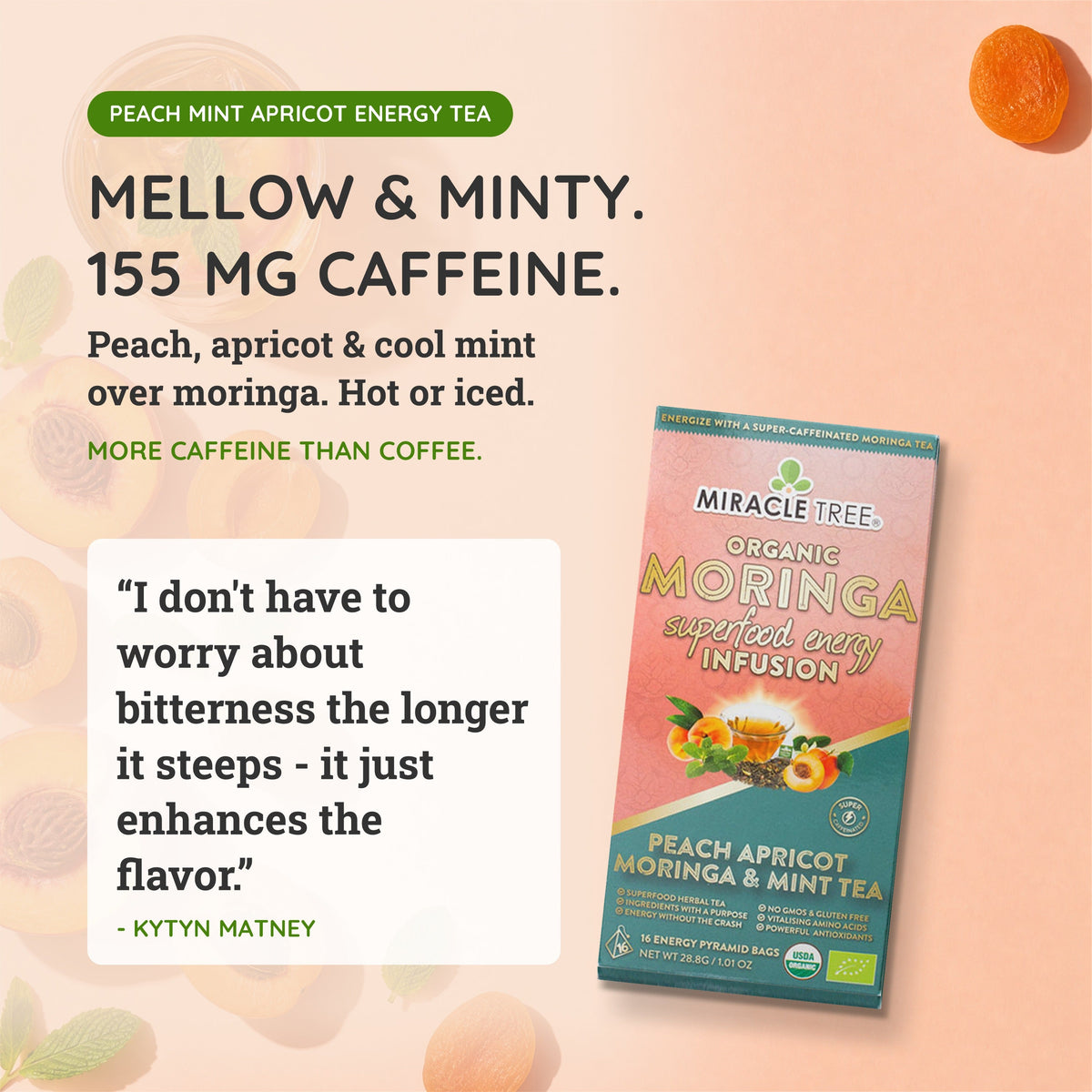 Organic Moringa Energy Tea - Peach Mint Apricot - Natural Coffee Alternative - Trending Wellness Store