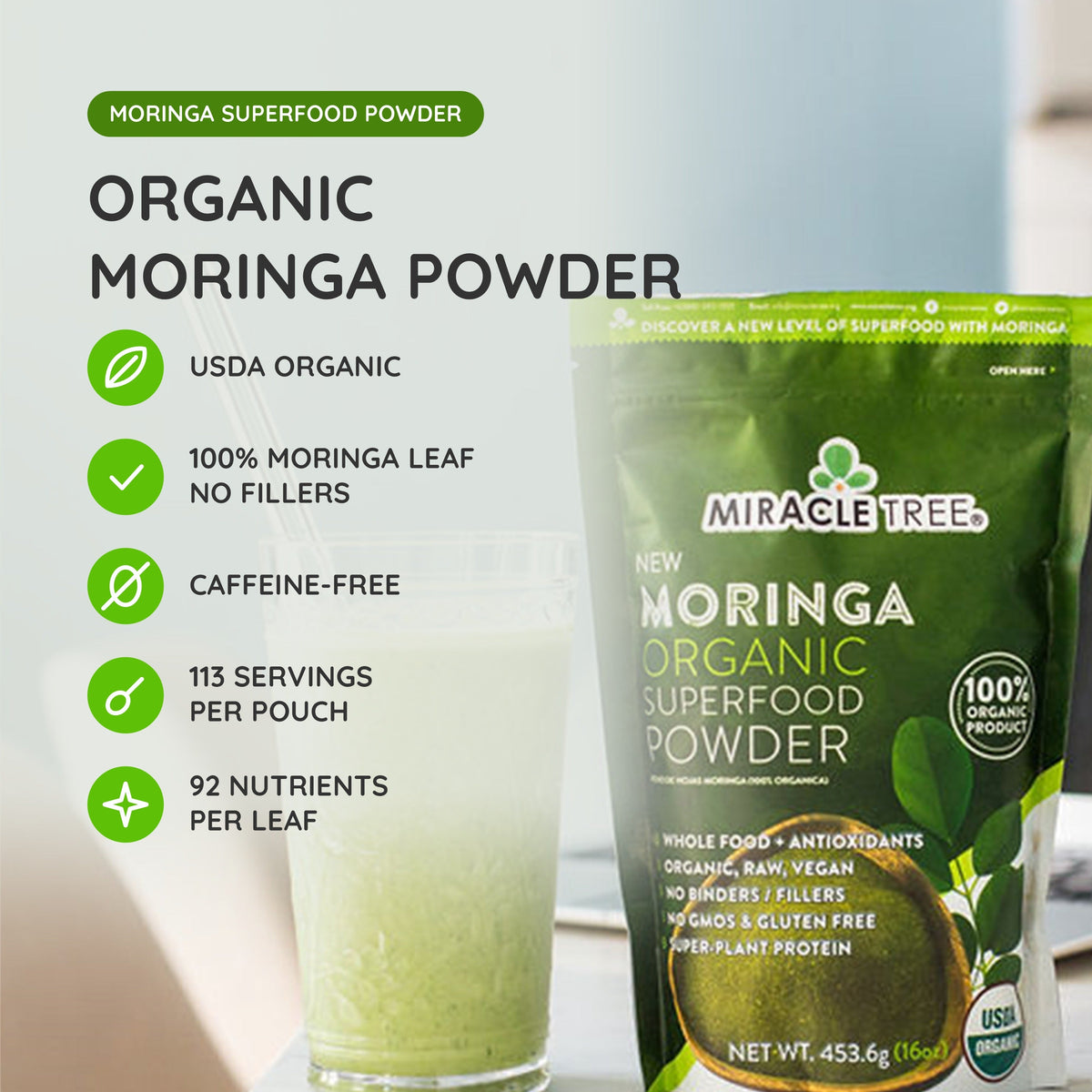 Organic Moringa Powder - 16oz Pouch - Trending Wellness Store