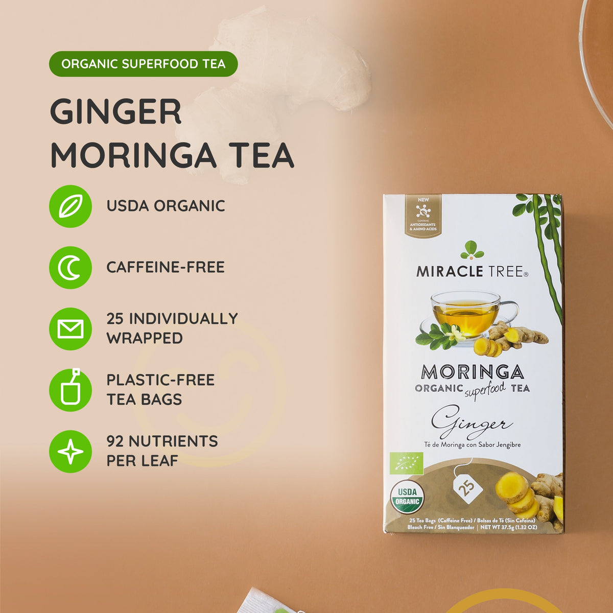 Organic Moringa Tea - Ginger - Caffeine-Free Herbal Tea - Trending Wellness Store