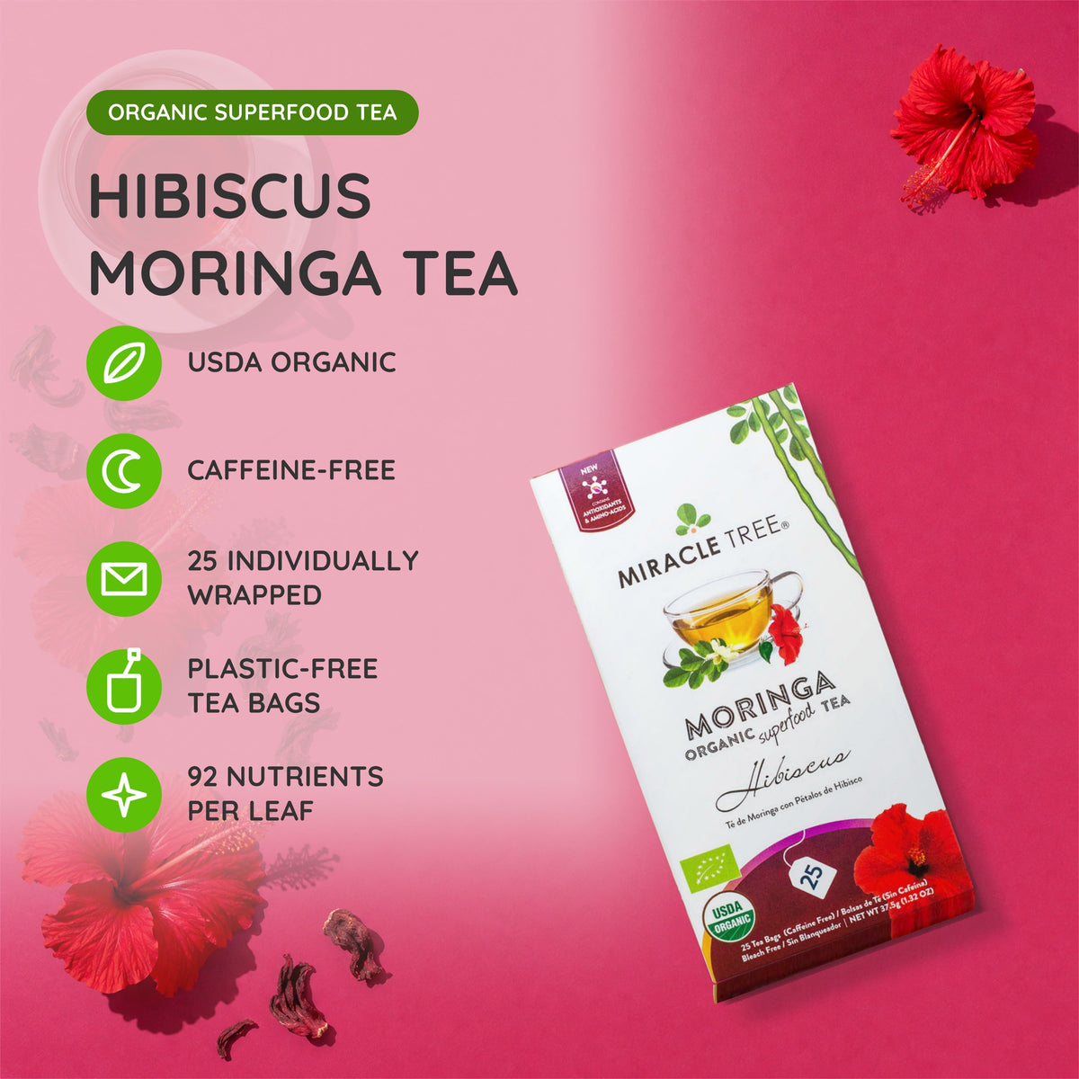 Organic Moringa Tea - Hibiscus - Caffeine-Free Herbal Tea - Trending Wellness Store