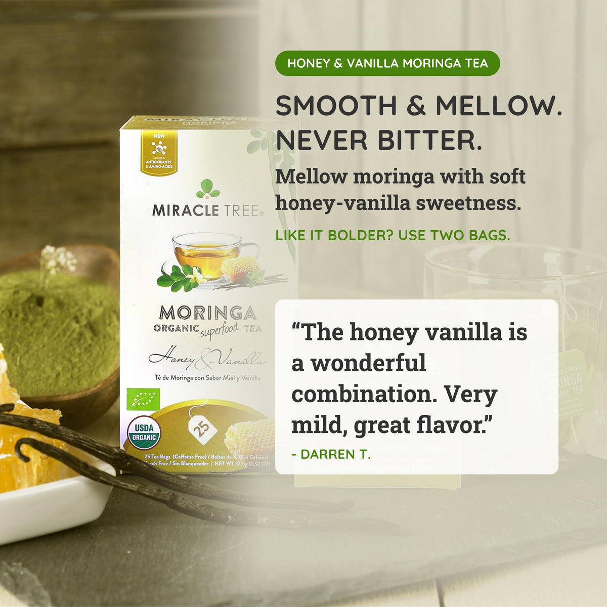Organic Moringa Tea - Honey & Vanilla - Caffeine-Free Herbal Tea - Trending Wellness Store