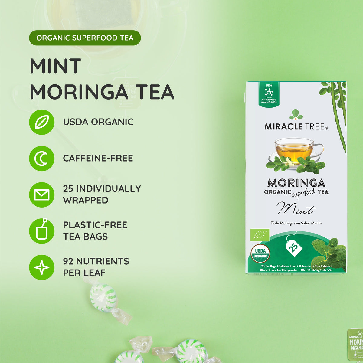 Organic Moringa Tea - Mint - Caffeine-Free Herbal Tea - Trending Wellness Store