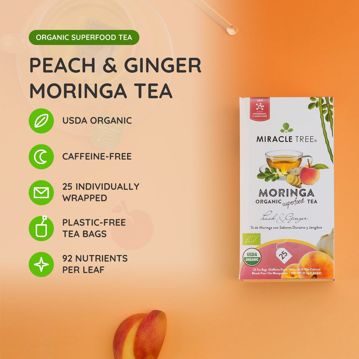 Organic Moringa Tea - Peach & Ginger - Caffeine-Free Herbal Tea - Trending Wellness Store