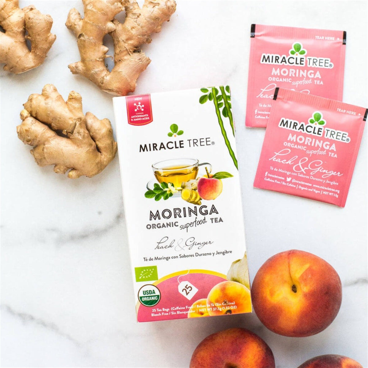 Organic Moringa Tea - Peach & Ginger - Caffeine-Free Herbal Tea - Trending Wellness Store