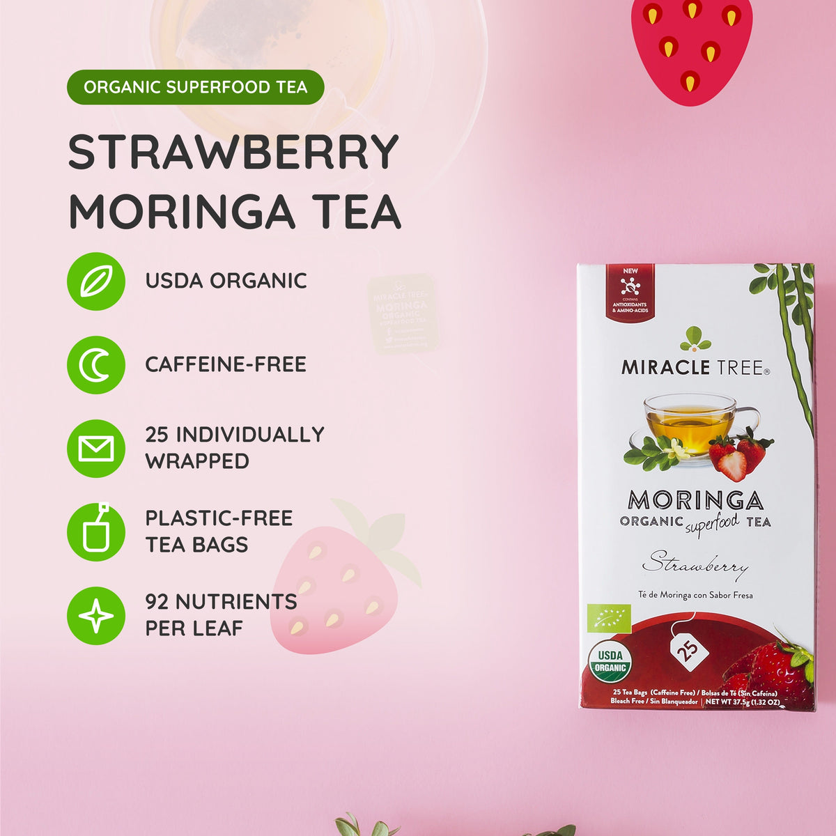 Organic Moringa Tea - Strawberry - Caffeine-Free Herbal Tea - Trending Wellness Store