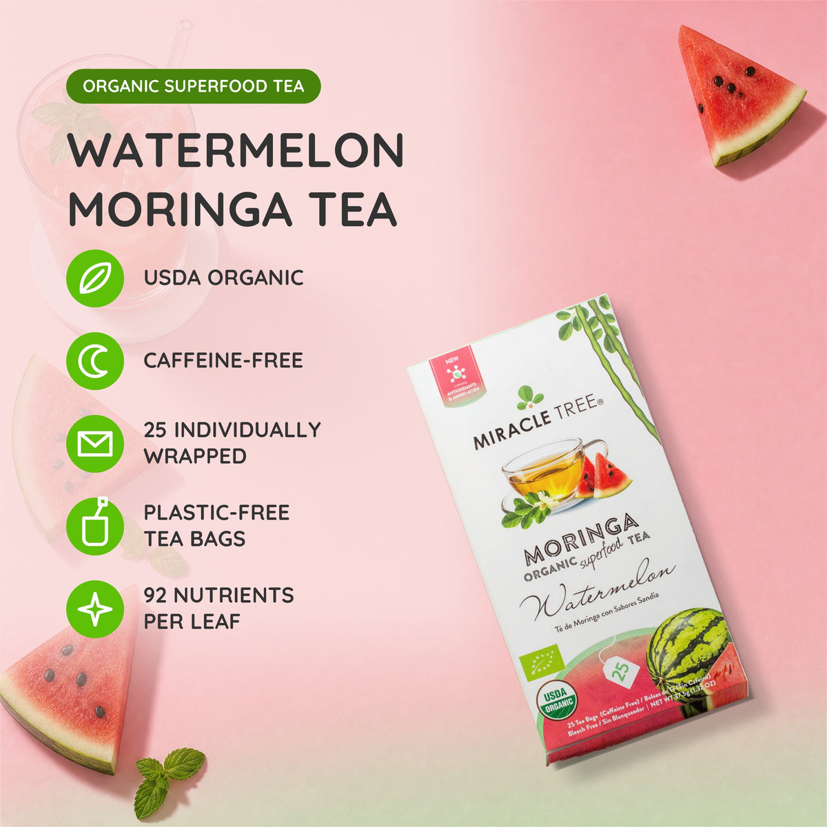 Organic Moringa Tea - Watermelon - Caffeine-Free Herbal Tea - Trending Wellness Store