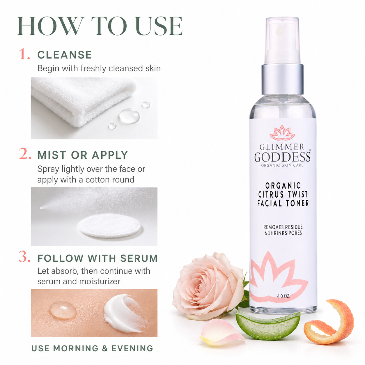 Organic Rose Water Facial Toner – Citrus Twist Toner with Witch Hazel & Aloe for Pore Tightening - Trending Wellness Store