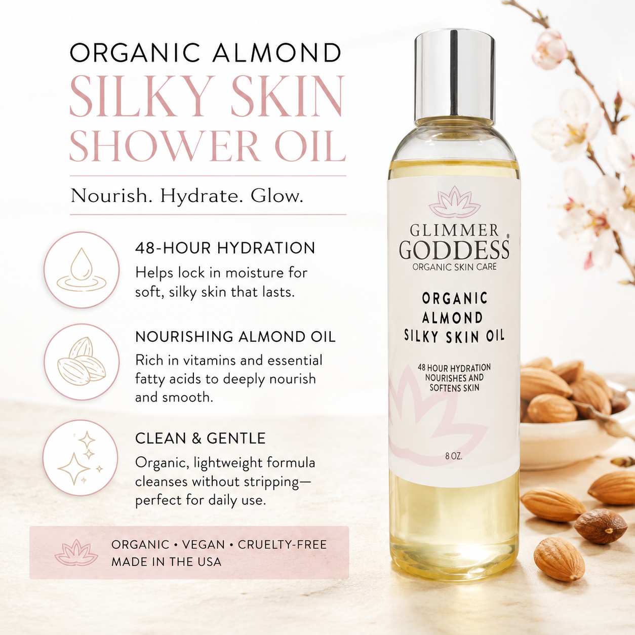 Organic Sweet Almond Silky Skin Oil – 48 Hour Hydration - Trending Wellness Store