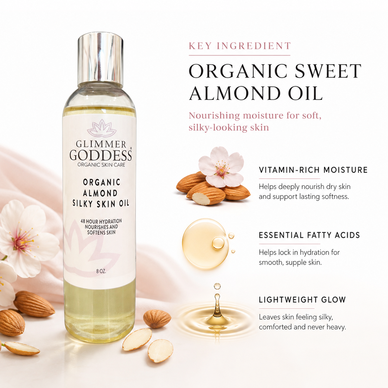 Organic Sweet Almond Silky Skin Oil – 48 Hour Hydration - Trending Wellness Store