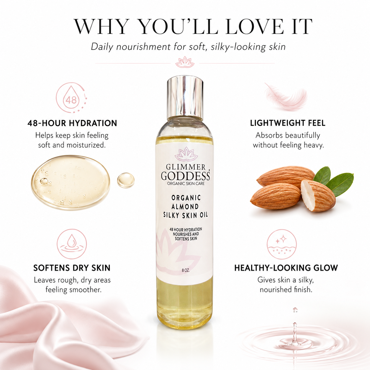 Organic Sweet Almond Silky Skin Oil – 48 Hour Hydration - Trending Wellness Store