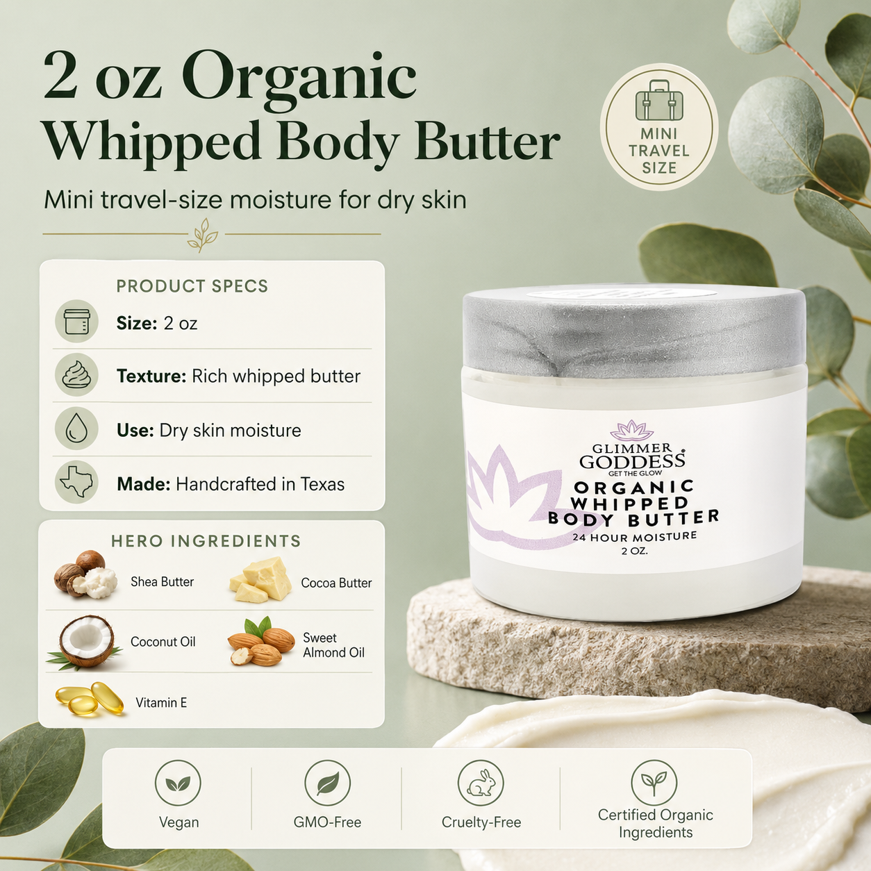 Organic Whipped Body Butter 2 oz – Mini Travel Size for Dry Skin & Eczema - Trending Wellness Store