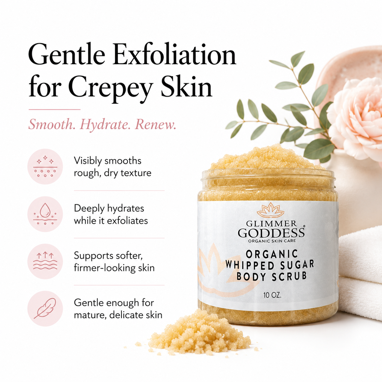 Organic Whipped Sugar Body Scrub 10 oz – Crepey Skin Treatment & Exfoliator - Trending Wellness Store