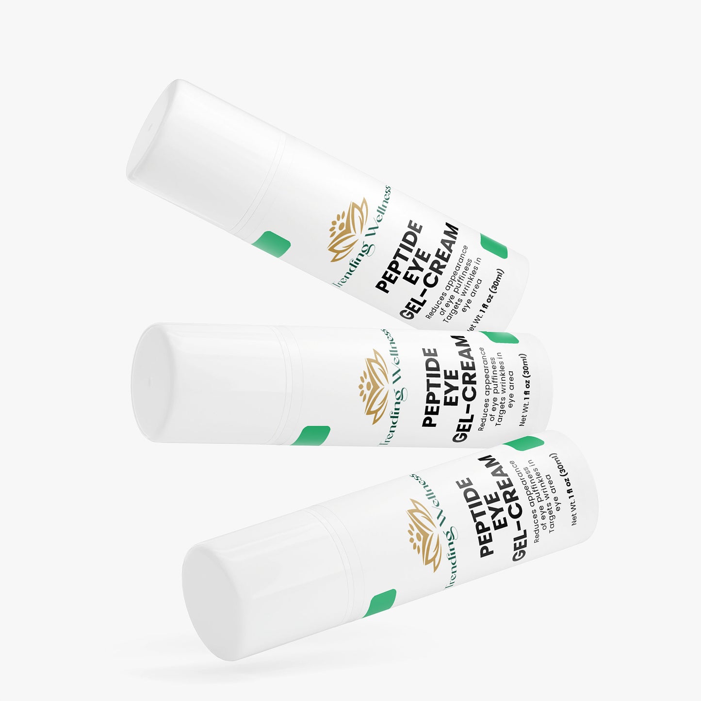 Three bottles of peptide eye gel cream on a white background