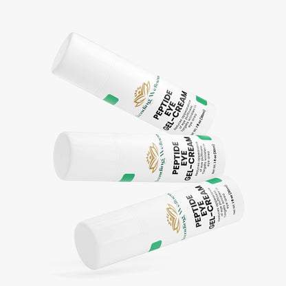 Three bottles of peptide eye gel cream on a white background