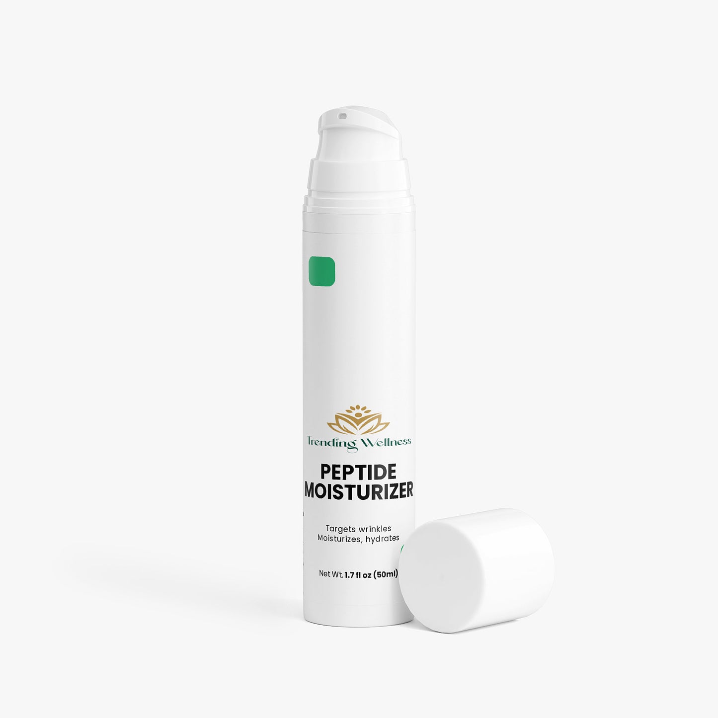 Peptide moisturizer bottle with cap on a white background