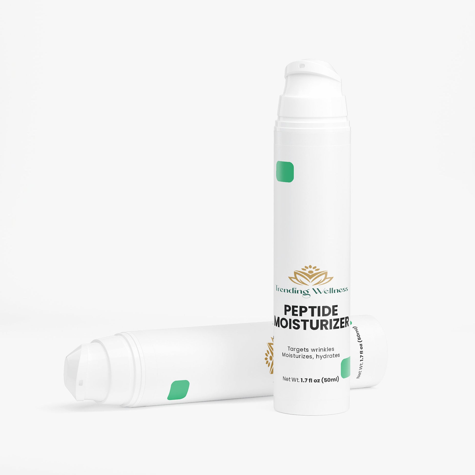 Peptide moisturizer bottle with applicator on a white background