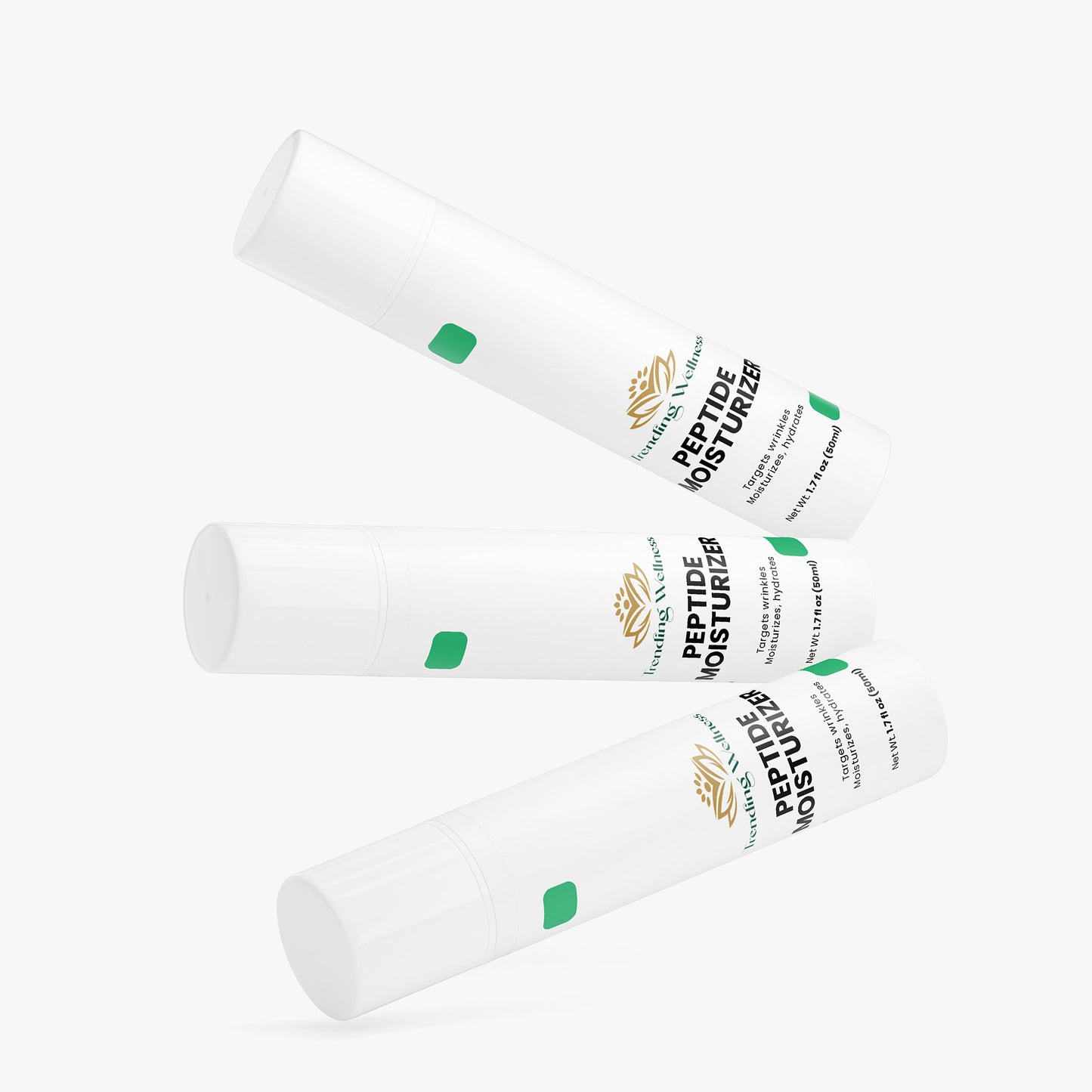 Three white tubes of peptide moisturizer with green accents on a white background