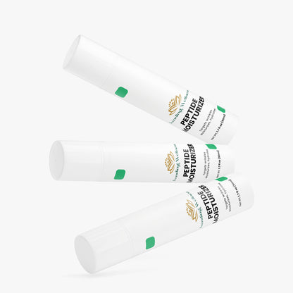 Three white tubes of peptide moisturizer with green accents on a white background