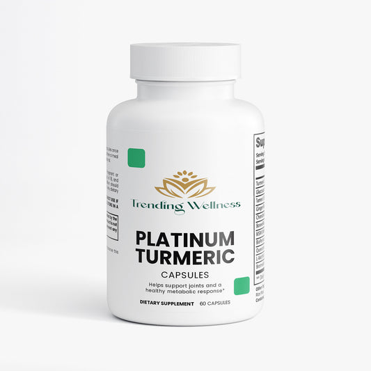 Bottle of Platinum Turmeric capsules by Trending Wellness on a white background