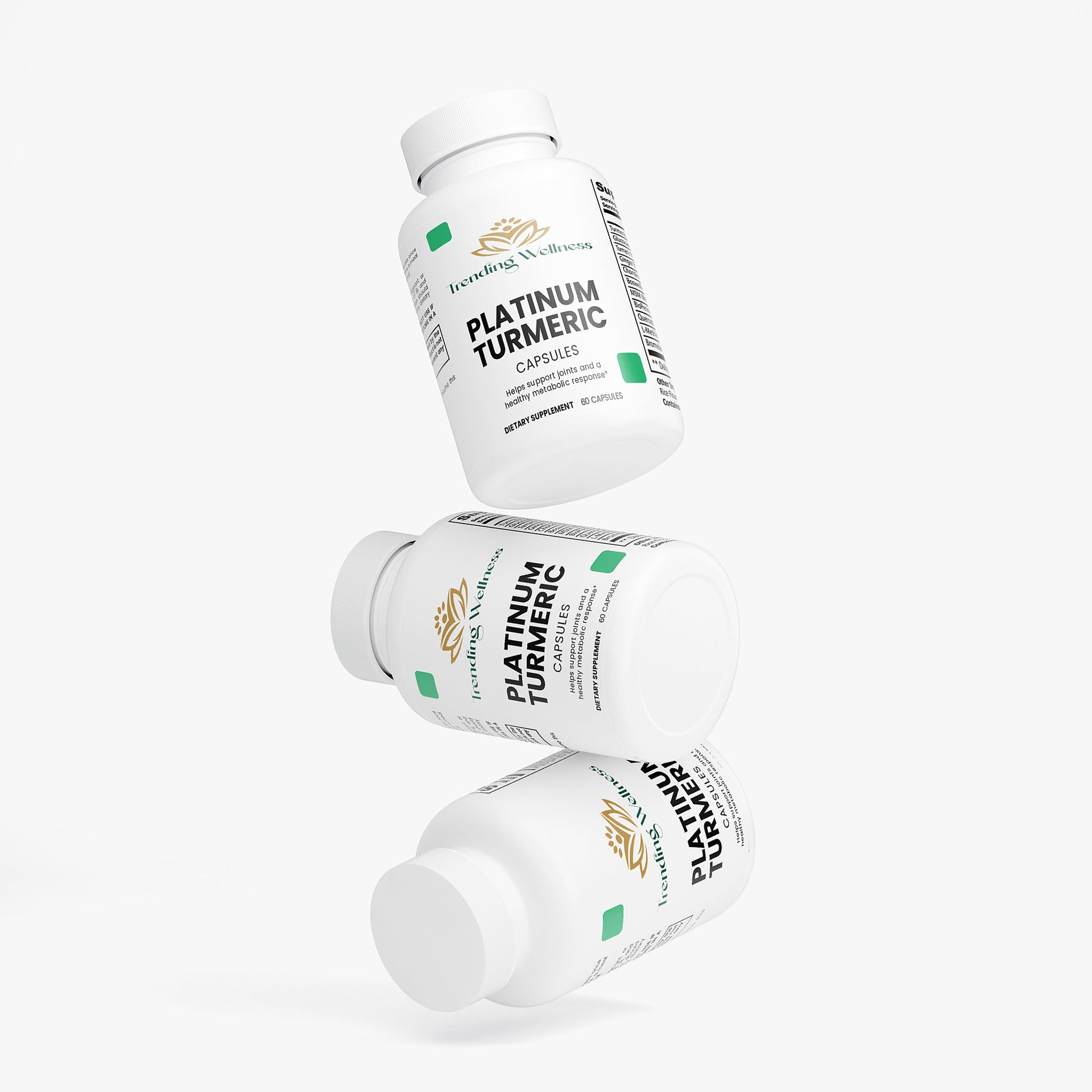 Three bottles of Platinum Turmeric capsules on a white background
