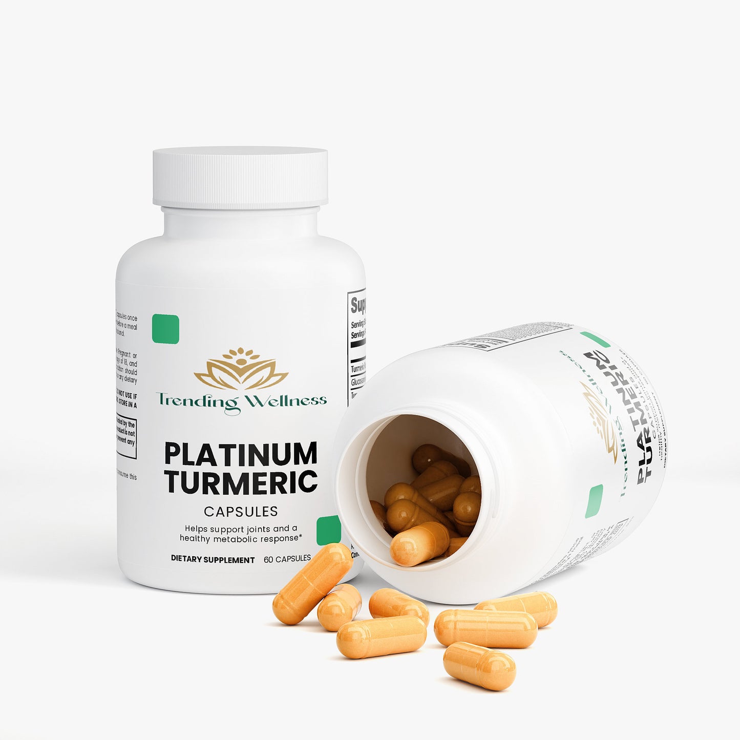Platinum Turmeric capsules with a bottle and open cap on a white background