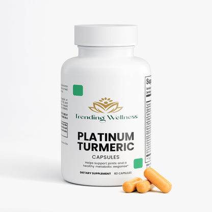 Supplement bottle labeled 'Platinum Turmeric' by Trending Wellness on a white background