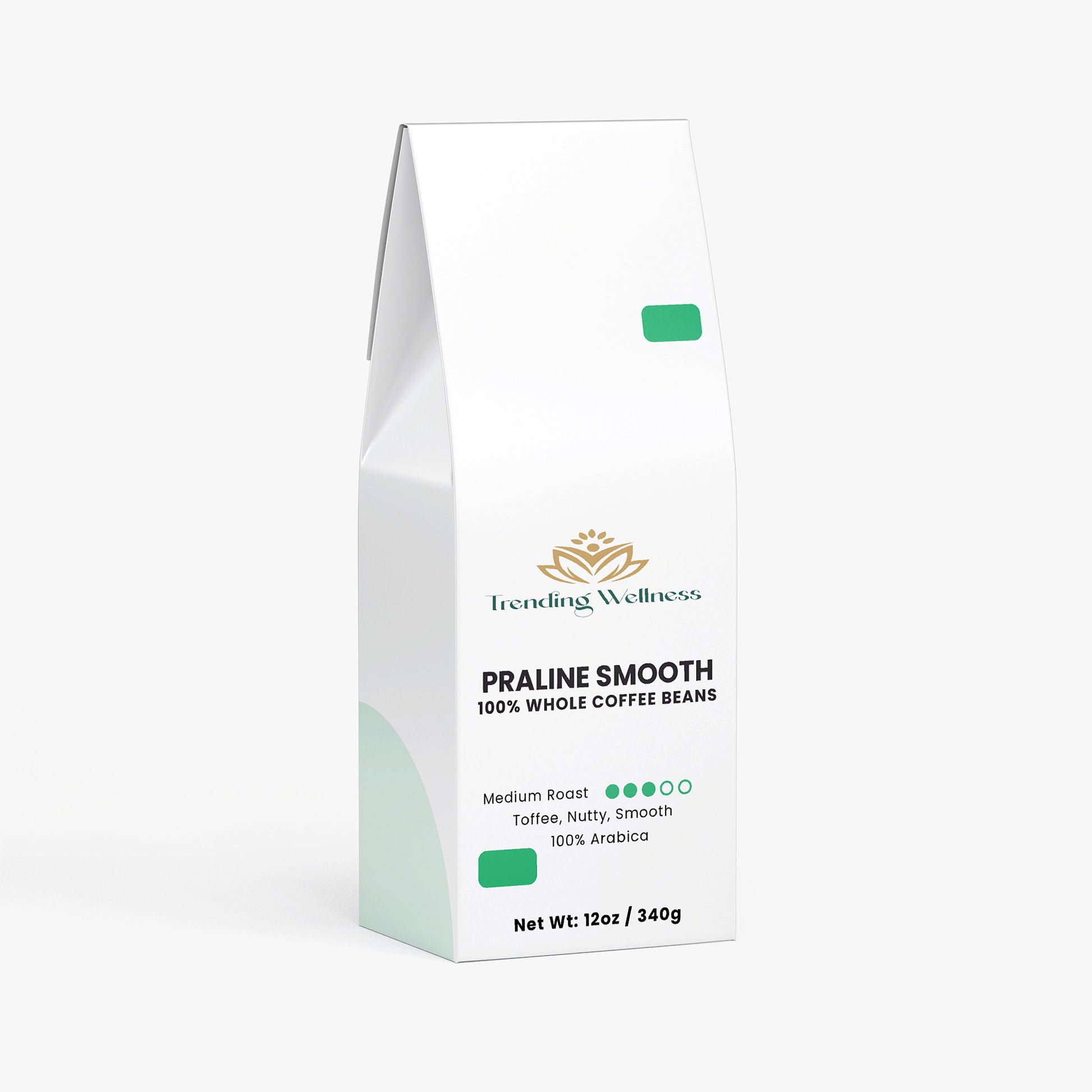 Coffee bean package labeled 'Praline Smooth' by Trending Wellness on a white background