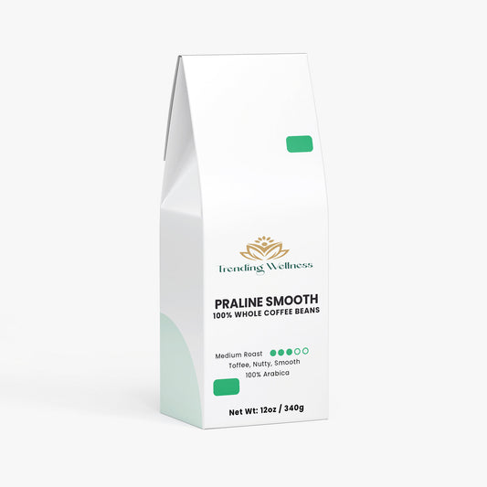 Coffee bean package labeled 'Praline Smooth' by Trending Wellness on a white background