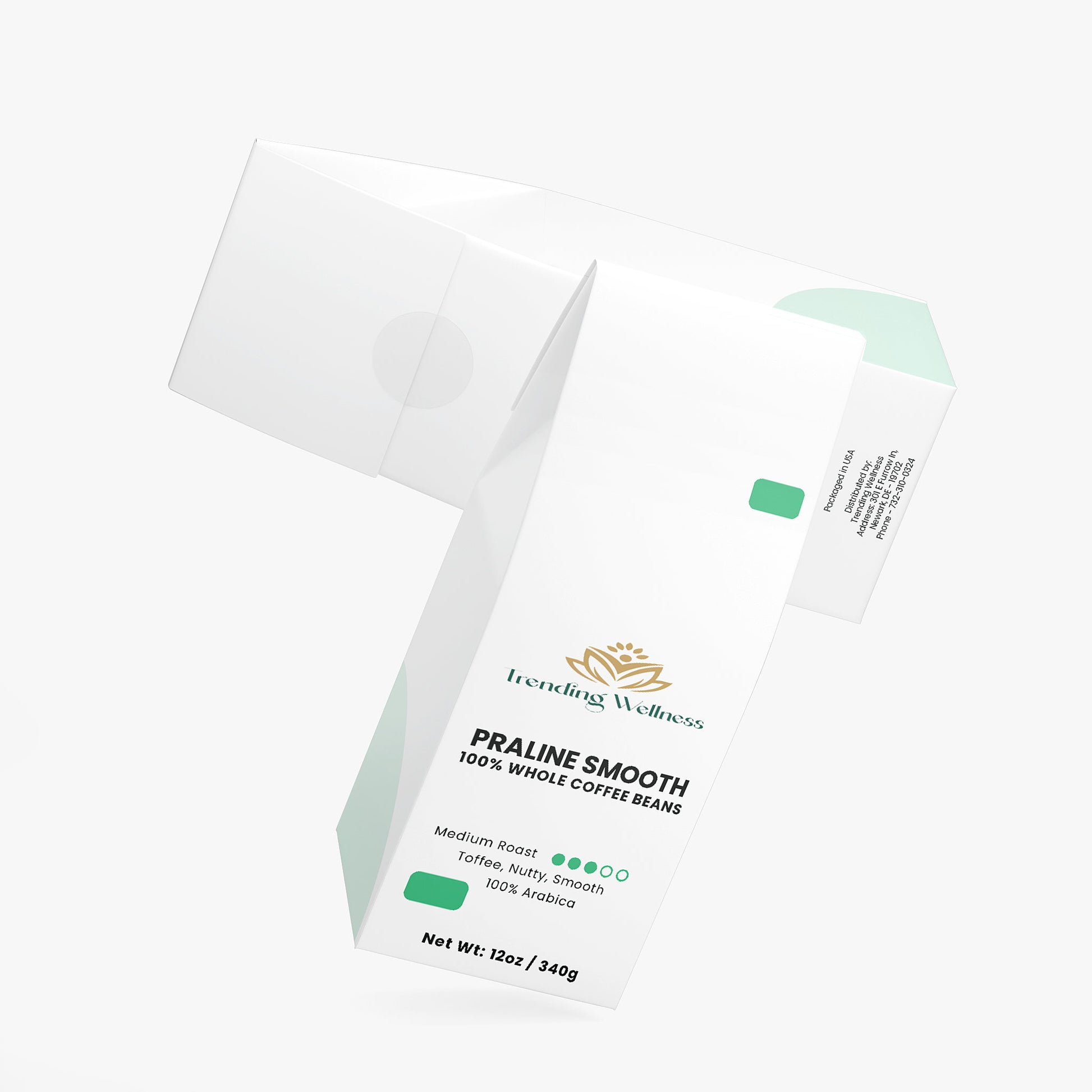 Package of Trending Wellness Praline Smooth coffee beans on a white background