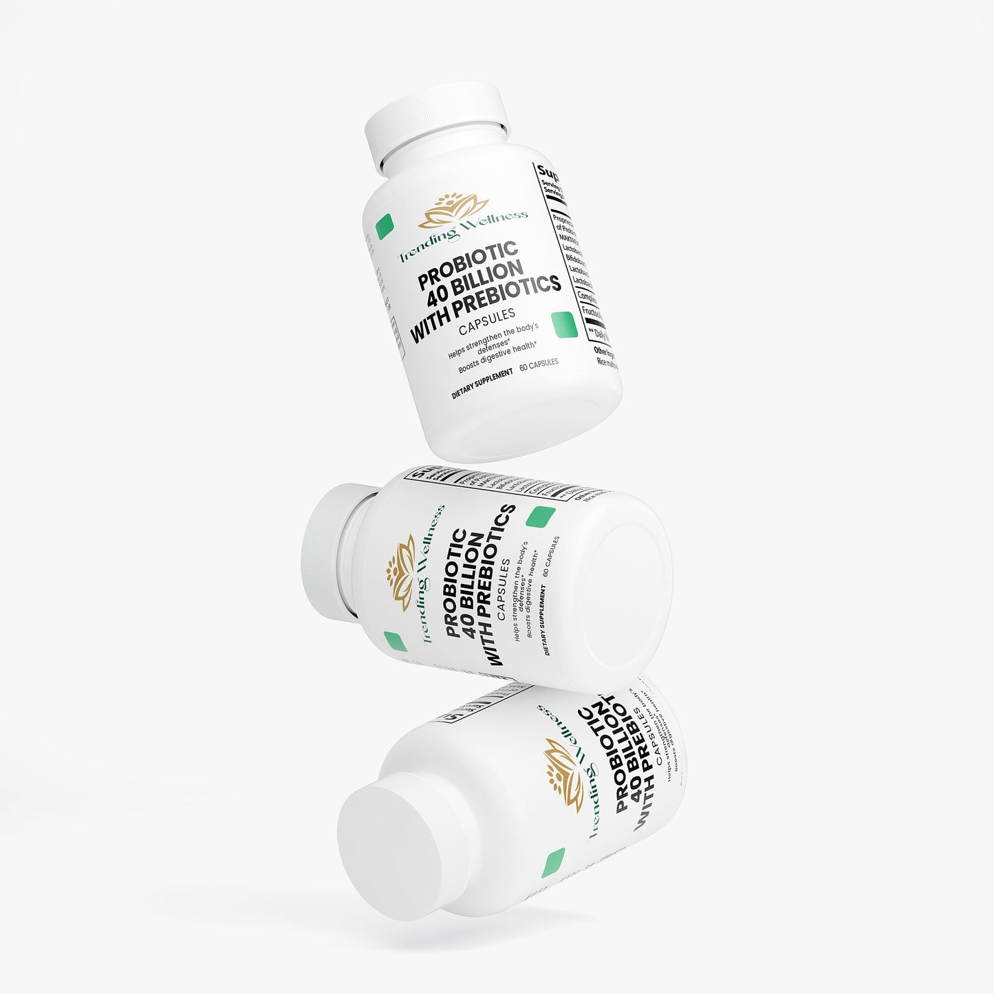 Three bottles of probiotic and prebiotic supplement on a white background