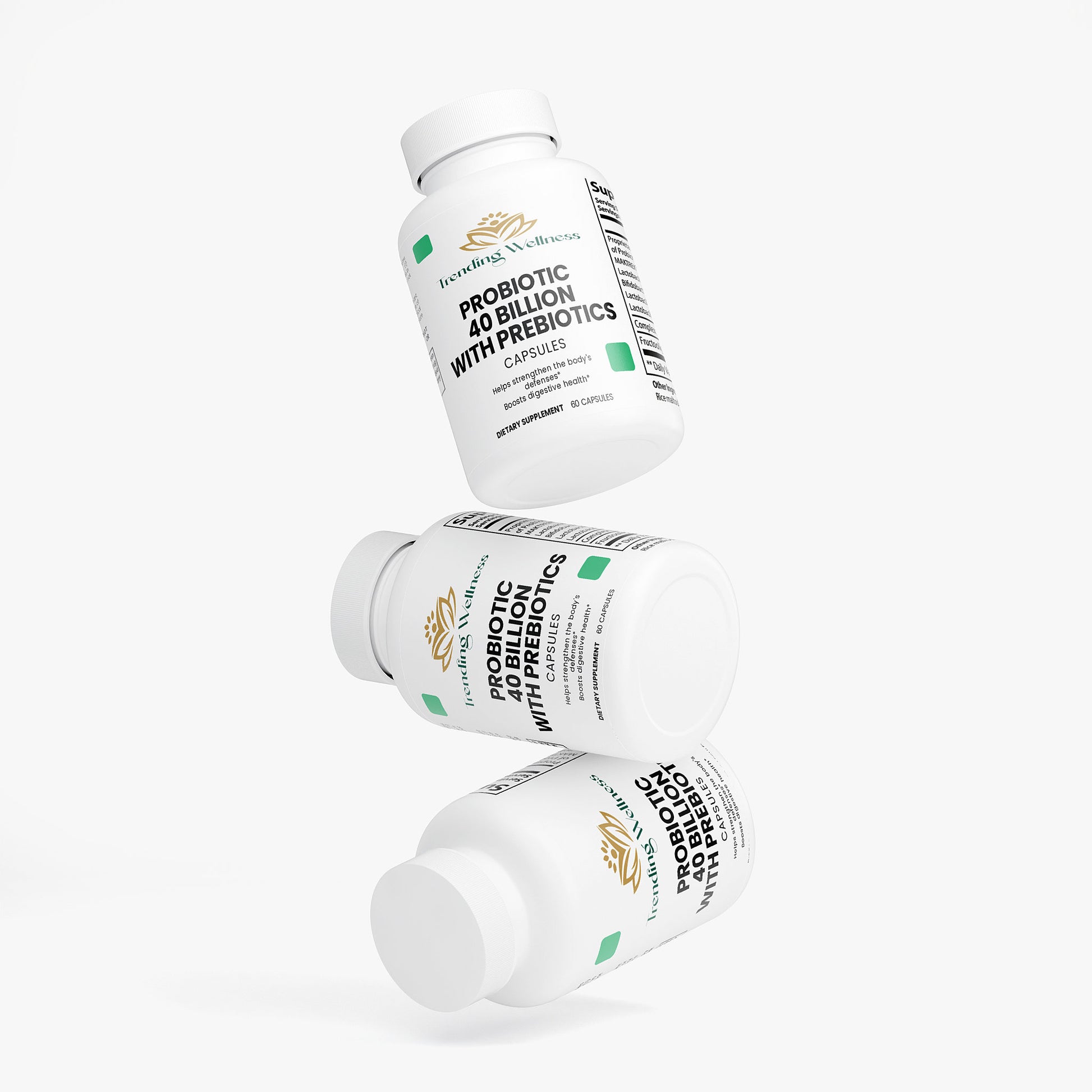Three bottles of probiotic and prebiotic supplement on a white background