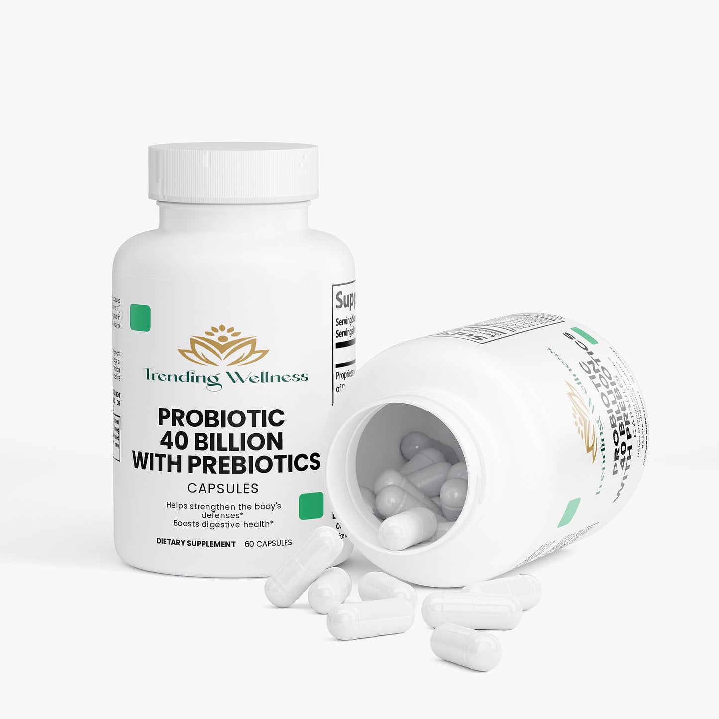 Bottle of Tending Wellness probiotic supplement with open cap on a white background