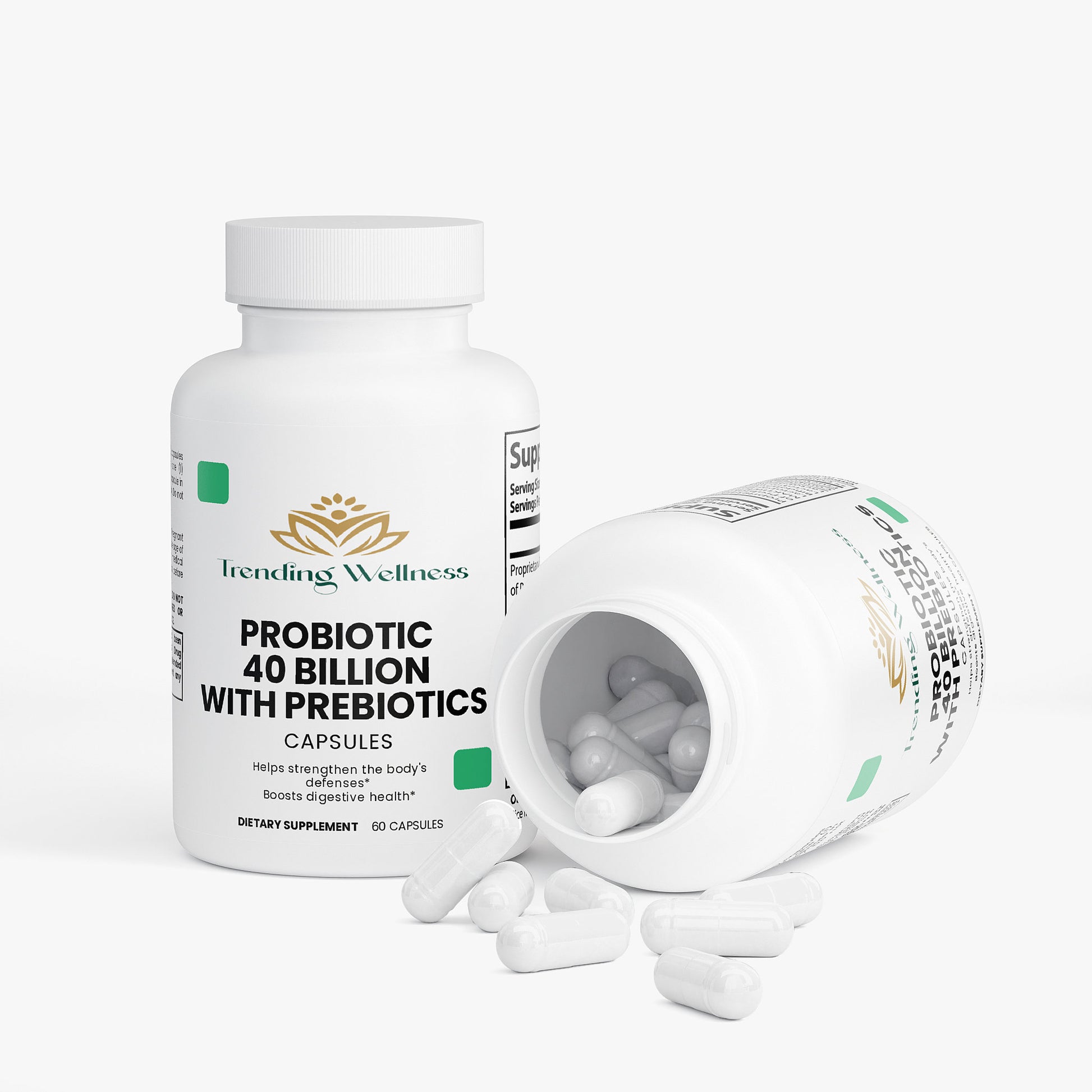 Bottle of Tending Wellness probiotic supplement with open cap on a white background
