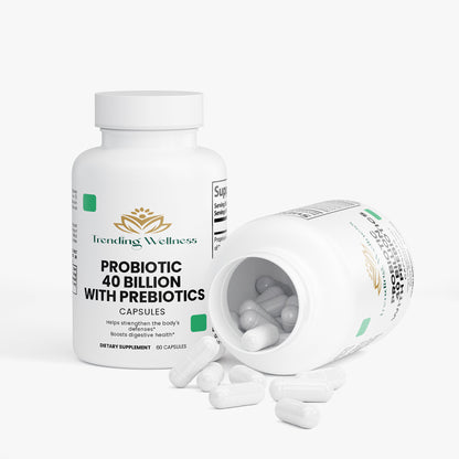 Bottle of Tending Wellness probiotic supplement with open cap on a white background