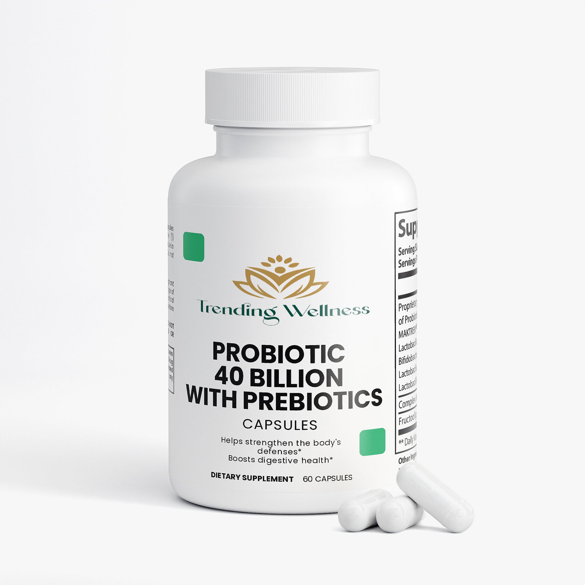 Probiotic supplement bottle with capsules on a white background