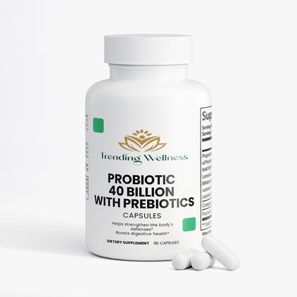Probiotic supplement bottle with capsules on a white background