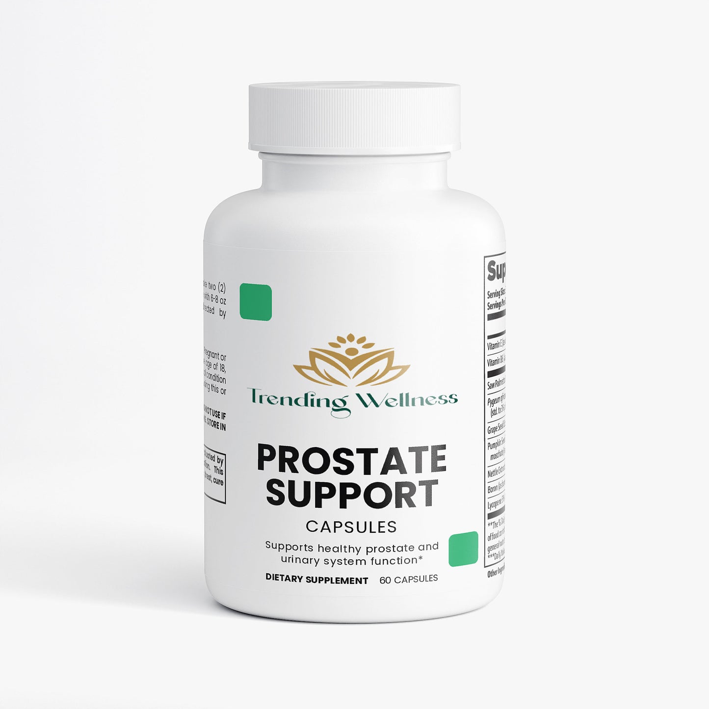 Bottle of Trending Wellness Prostate Support capsules on a white background